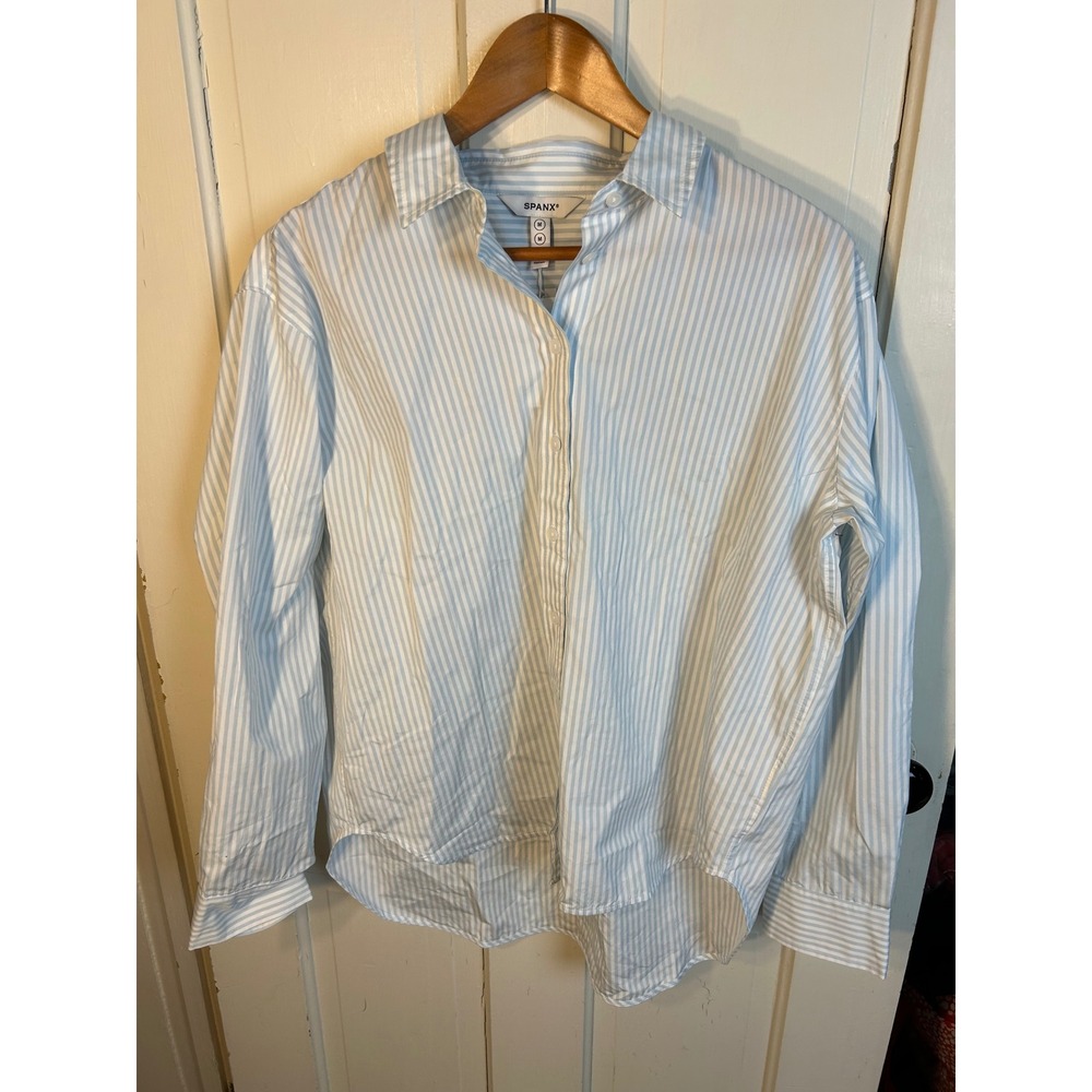 Spanx Relaxed Fit Poplin Shirt Sky Feeder Blue White Striped Cotton M - Picture 2 of 8